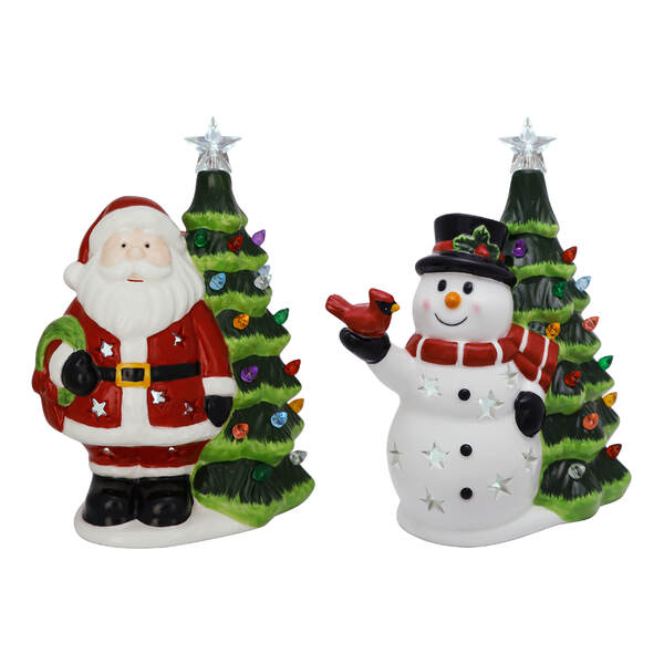 Item 322567 Lighted Ceramic Santa/Snowman With Tree