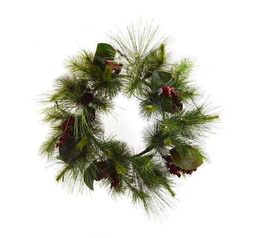 Item 340071 Mixed Pine Magnolia Leaf Wreath With Lights and Timer