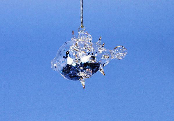 Item 351016 Blue Pufferfish With Glitter Sequins Ornament