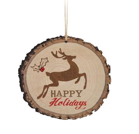 Item 364026 Happy Holidays With Deer/Holly Barky Ornament