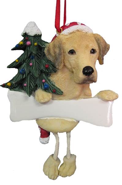 Item 407019 Yellow Labrador Retriever With Santa Hat/Christmas Tree/Bone Dangle Ornament
