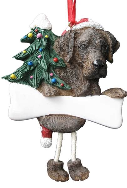 Item 407021 Chocolate Labrador Retriever With Santa Hat/Christmas Tree/Bone Dangle Ornament