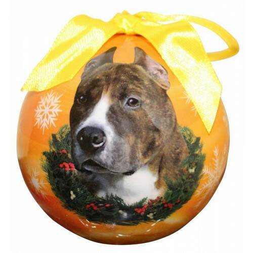Item 407087 Shatterproof Brindle/White Pit Bull With Wreath On Orange Ball Ornament