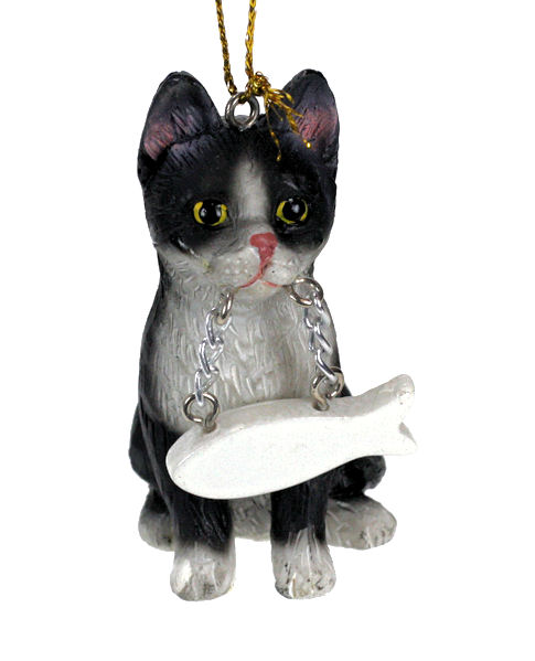 Item 407326 Black/White Cat With Fish Ornament