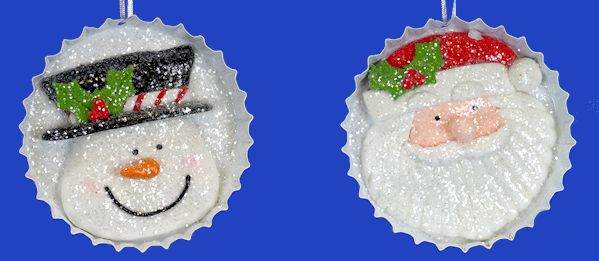 Item 431168 Holiday Snowman & Santa On Bottle Cap Ornament
