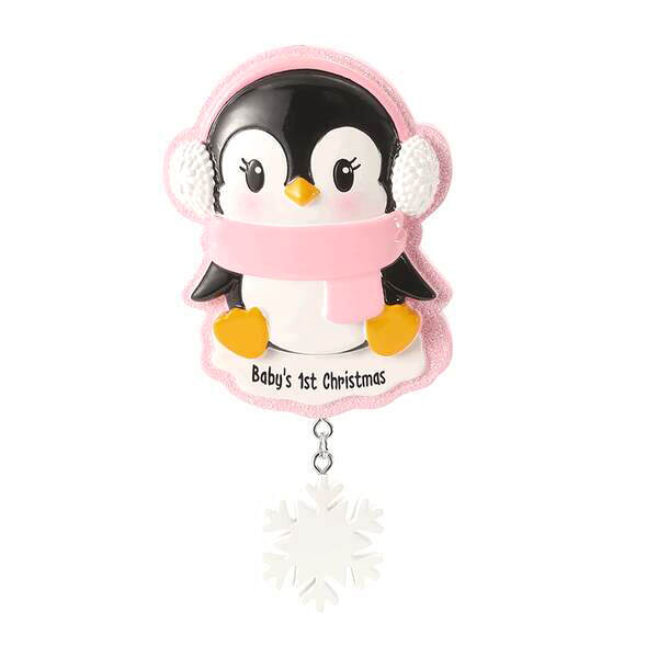 Item 459606 Babys First Baby Penguin With Pink Ear Muff Ornament
