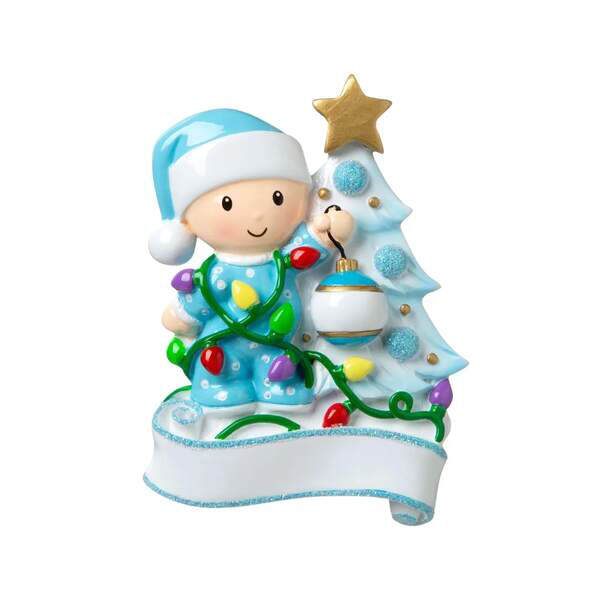 Item 459724 Baby Boy Decorating A Tree Light Blue Ornament