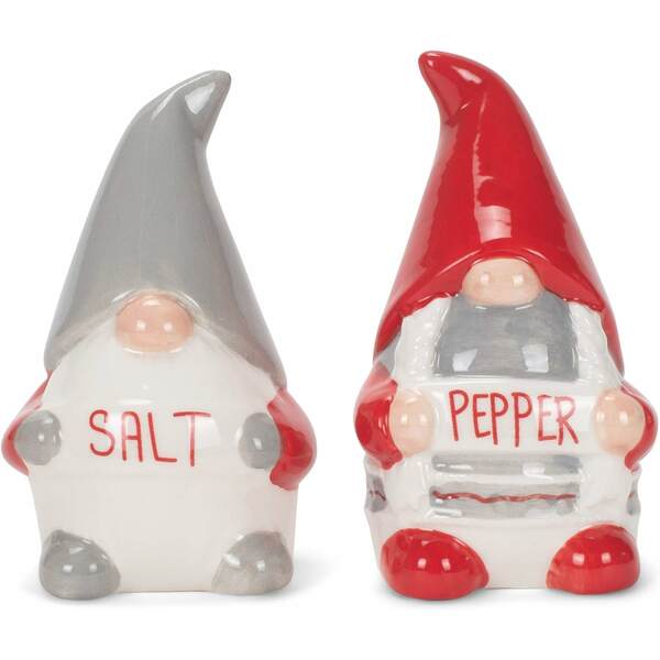 NEW 3.25” Red & White Ceramic Holiday Gnome Salt & Pepper Shaker Set Christmas 
