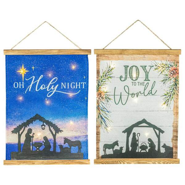 Item 509229 Joy Holy Nativity Hanging Canvas Led