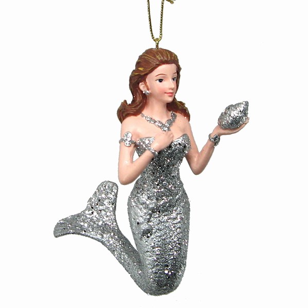 Item 519220 Silver Brunette Mermaid With Shell Ornament