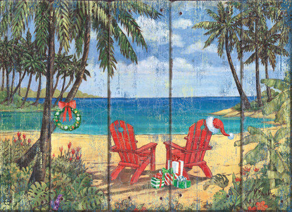 Item 552205 Red Adirondack Chairs On Beach With Trees Christmas Cards