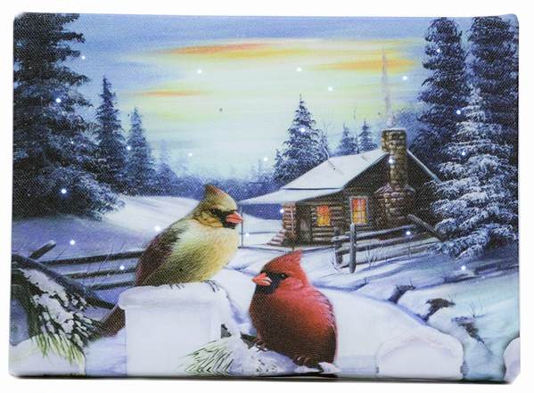 Item 558204 Lighted Cabin With Cardinals Tabletop Canvas Print