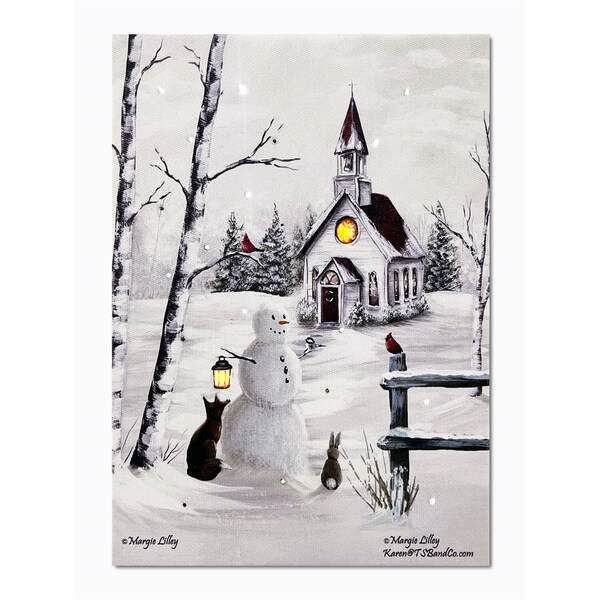 Item 558274 Tabletop Snowman With Church Lighted Canvas