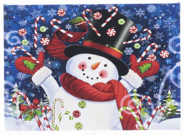 Item 558325 Tabletop Candy Cane Snowman Lighted Canvas