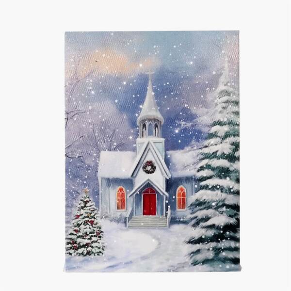 Item 558603 Tabletop White Church Lighted Canvas