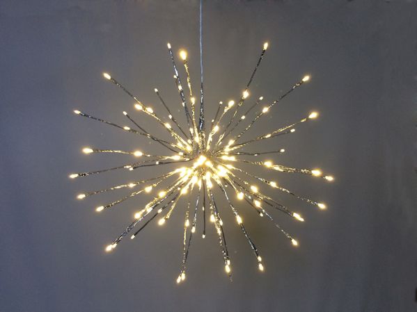 Item 599153 Large LED Lighted Silver Starburst Hanging With Warm White Bulbs