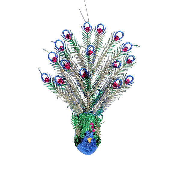 Item 808064 Glitter Peacock With Tall Tail Clip Ornament