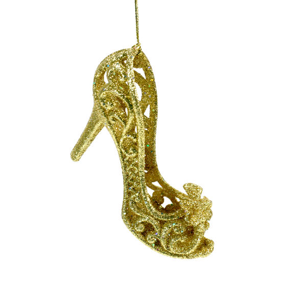 Gold Glittered High Heel Shoe With Flower Ornament - Item 812042 | The ...
