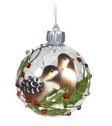 Item 820097 Glass White Ball With Birds Ornament