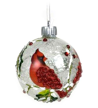 Item 820098 Glass White Ball With Cardinal Ornament