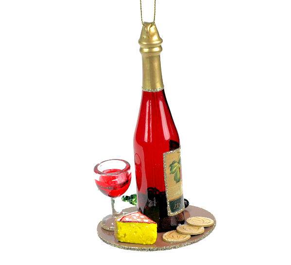 Item 825047 Wine Bottle With Glass and Cheese Platter Ornament