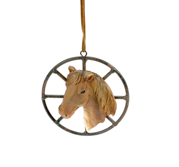 Item 833015 Horse Head With Wagon Wheel Ornament