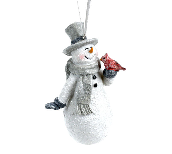 Item 835014 White Paper Pulp Look Snowman With Cardinal Ornament