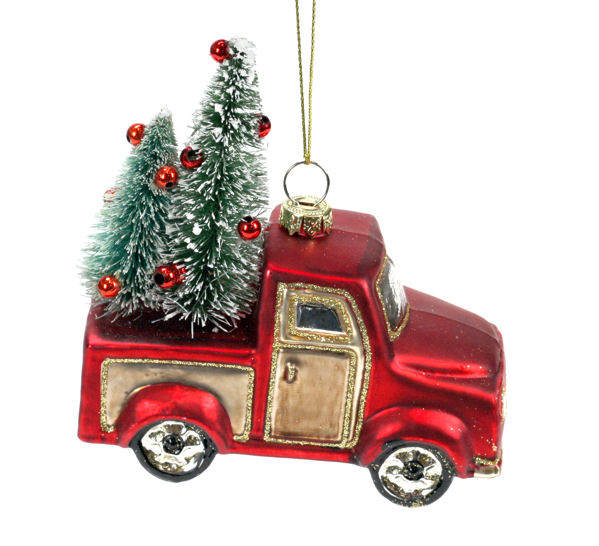 Item 844094 Red Pickup Truck With Trees Ornament