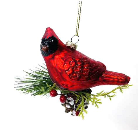 Item 844123 Glass Red Bird On Pinecone Ornament