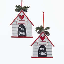 Item 100303 Red/White/Black Top Dog/#1 Friend Doghouse With Pine Cones/Branch/Heart/Bone Ornament