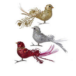 Item 101173 Gold/Silver/Red Glittered/Bead Bird Clip-On Ornament