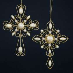 Item 101716 Gold/Ivory Cross With Beads Ornament