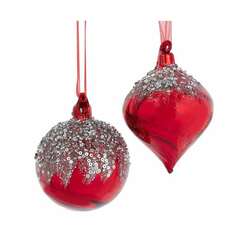 Item 102163 Glass Red Ball/Onion With Silver Glitter Ornament