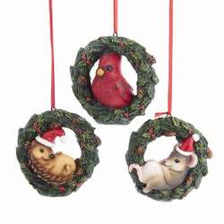 Item 102774 Cardinal/Hedgehog/Mouse In Wreath Ornament