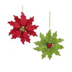 Item 103133 Red/Green Glitter Holly Leaf Ornament