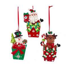 Item 103284 Santa/Snowman/Moose Gingerbread Gift Box Ornament