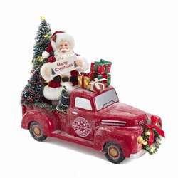 Item 103856 Fabriche Santa In Red Truck With Gifts & Light Up Trees