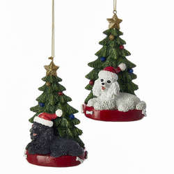 Item 104692 Poodle With Santa Hat, Christmas Tree, & Red Dog Bed Ornament