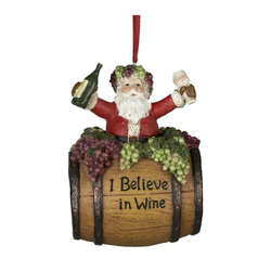 Item 104866 Santa With Wine Sitting On I Believe In Wine Barrel Ornament