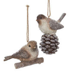 Item 106241 Brown/White Bird On Branch/Pine Cone Ornament