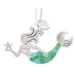 Item 108401 OBX Wood And Sea Glass Mermaid Ornament