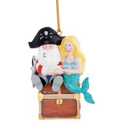 Item 108502 Pirate Santa With Mermaid and Treasure Ornament - Outer Banks