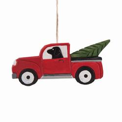 Item 177363 Black Labrador Retriever In Red Pickup Truck  Ornament