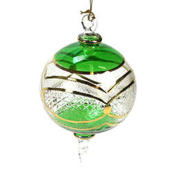 Item 186719 XMAS GREEN/CLEAR/GOLD ETCHED BALL WITH TWIST ORN