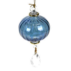 Item 186948 Blue Ribbed Ball With Diamond Drop Ornament