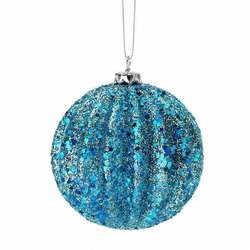 Item 203112 Blue Glittered Ridged Ball Ornament