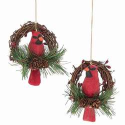 Item 261609 Cardinal In Twig Wreath With Pine Cones & Branch Ornament