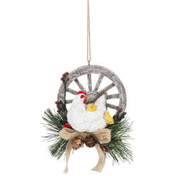 Item 261802 Hen With Chicks On Wagon Wheel Ornament