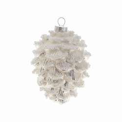 Item 281778 White & Silver Beaded Pine Cone Ornament