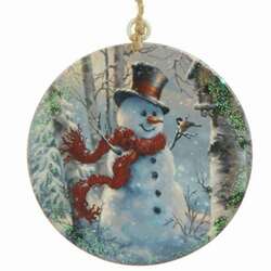 Item 281841 Snowman In Wintry Forest With Bird Disc Ornament